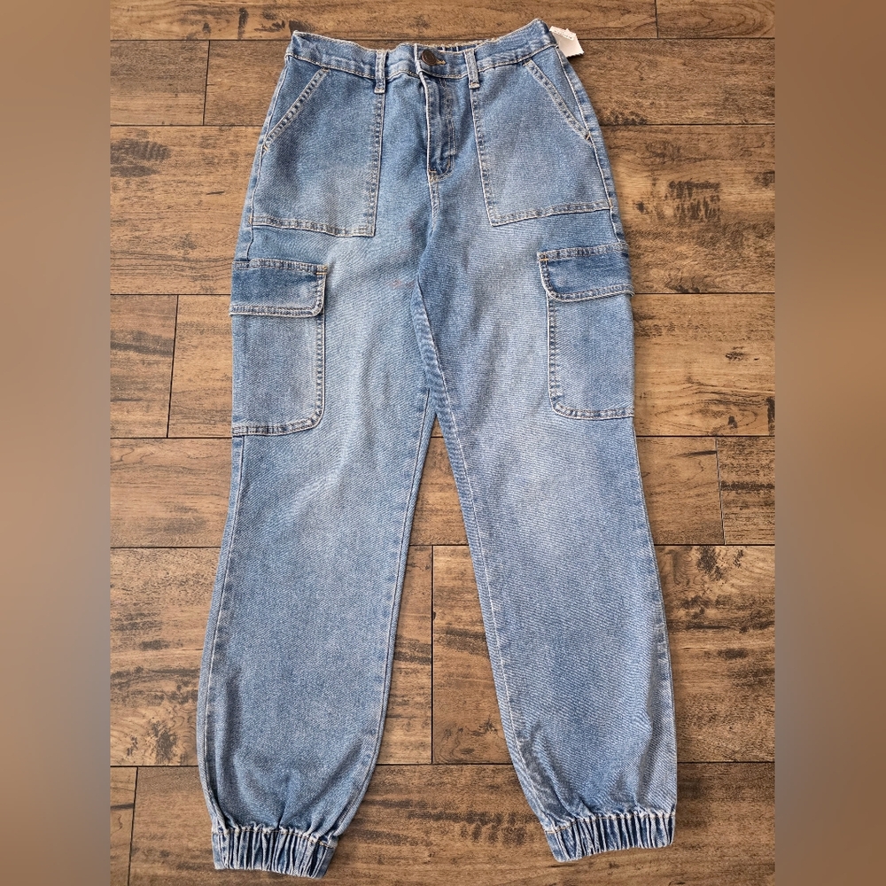*‎ SO Casual Blue Denim Cargo Joggers  Loose Fit Y2k Casual Size Small Hi Rise